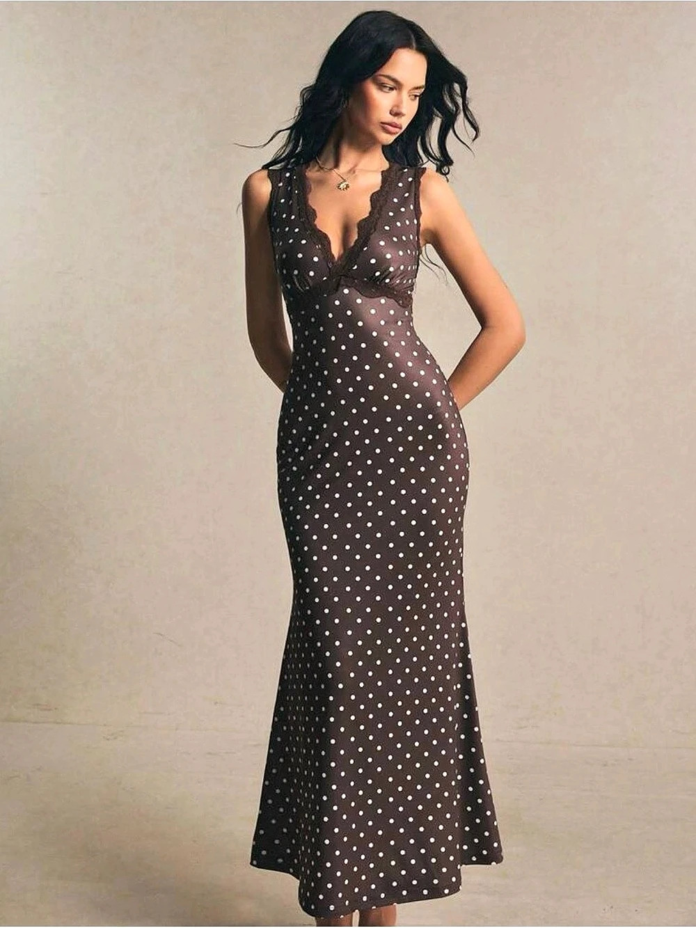 Lace Deep V Maxi Dress Brown & White